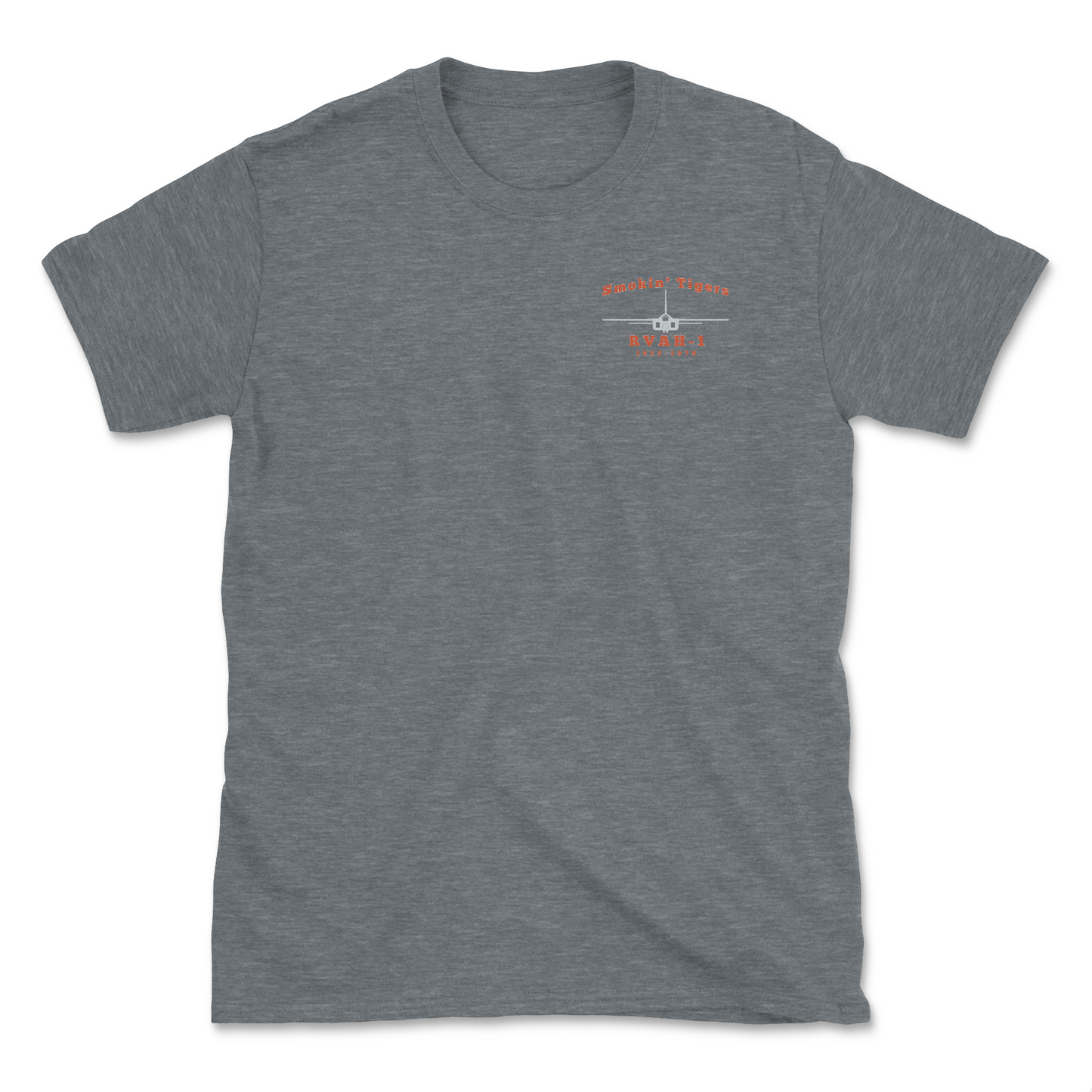 Grey heather t-shirt with a A-5 aircraft and squadron name