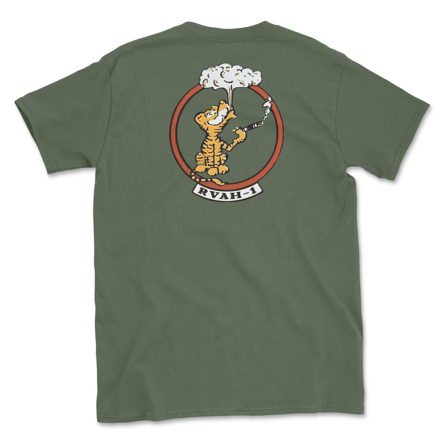Military green t-shirt with squadron patch.