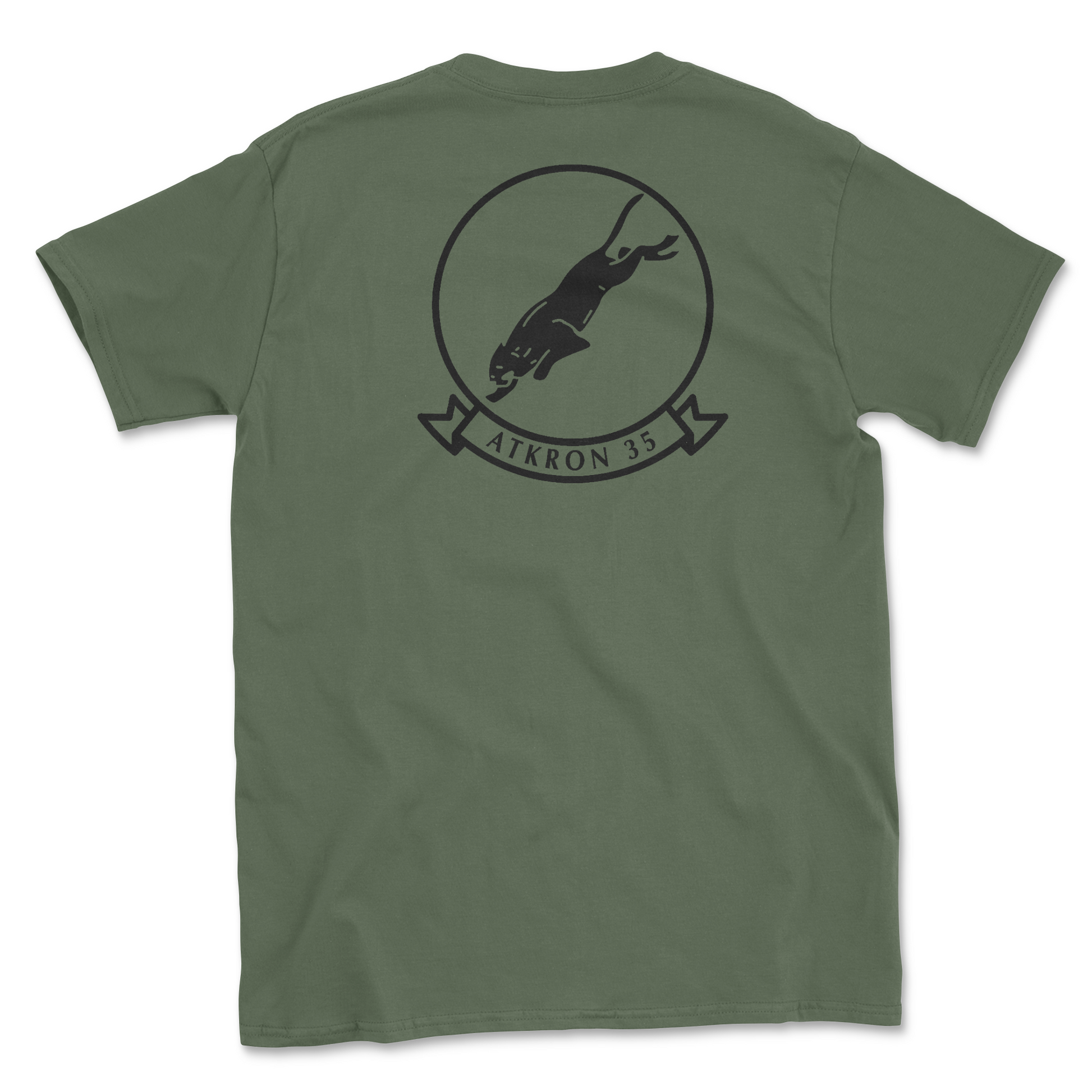 Military green t-shirt with squadron patch.