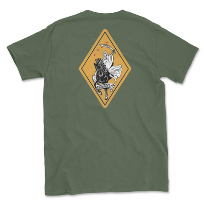 Military green t-shirt with squadron patch.