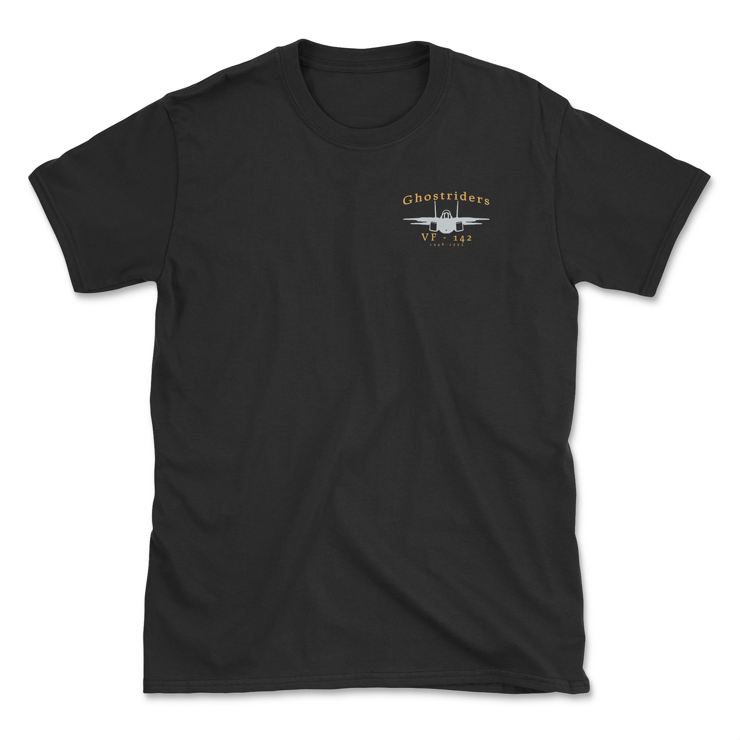 Black t-shirt with an F-14 aircraft and squadron name.