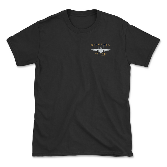 Black t-shirt with an F-14 aircraft and squadron name.