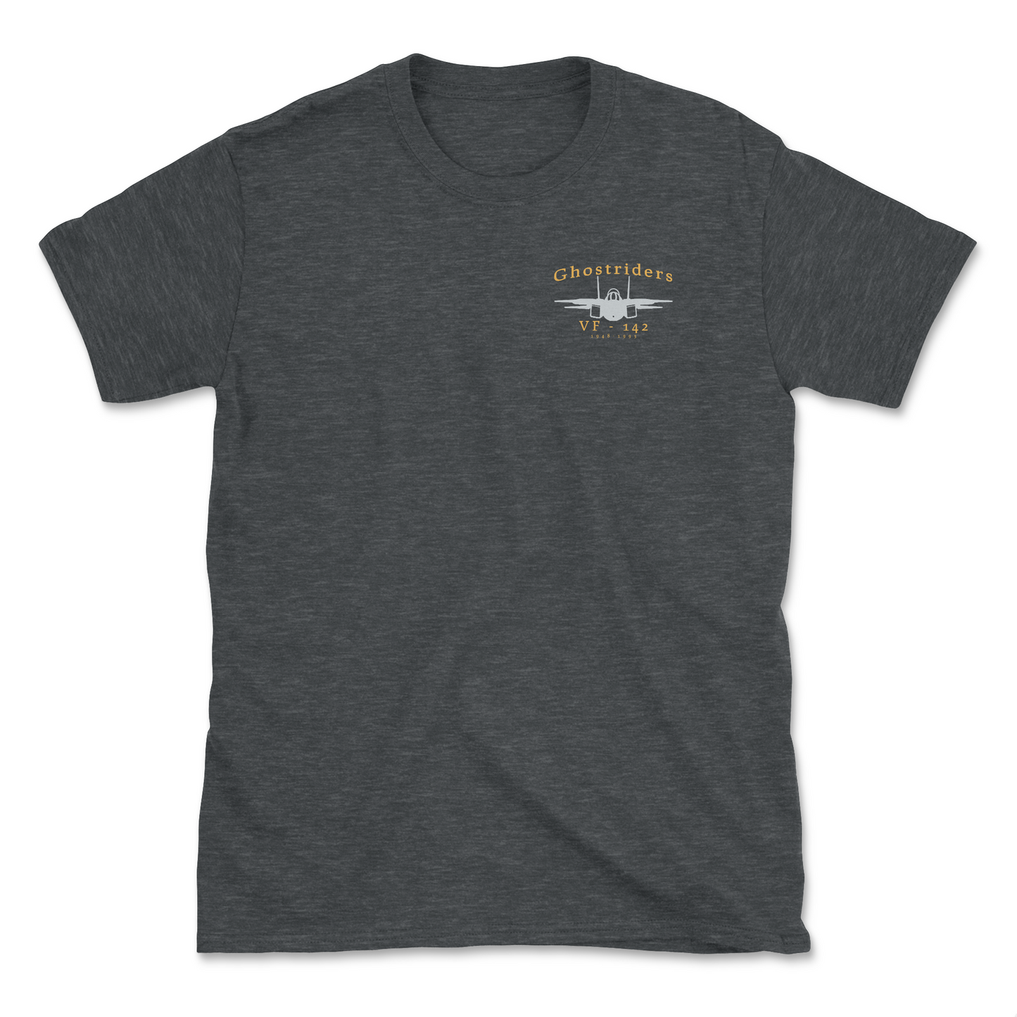 Dark grey heather t-shirt with an F-14 aircraft and squadron name.