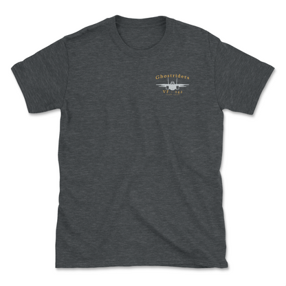 Dark grey heather t-shirt with an F-14 aircraft and squadron name.