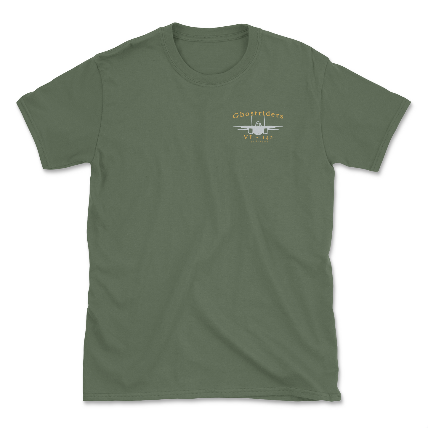 Military green t-shirt with an F-14 aircraft and squadron name.