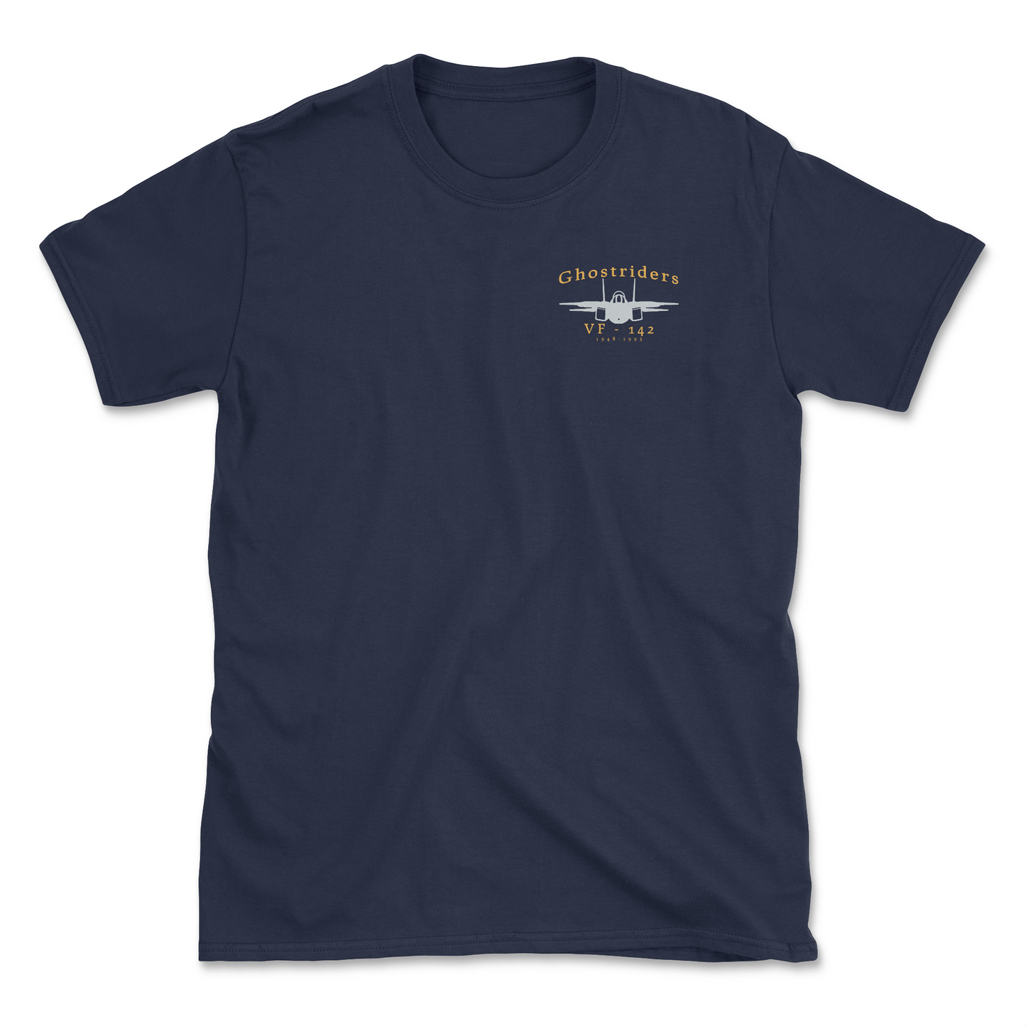 Navy blue t-shirt with an F-14 aircraft and squadron name.