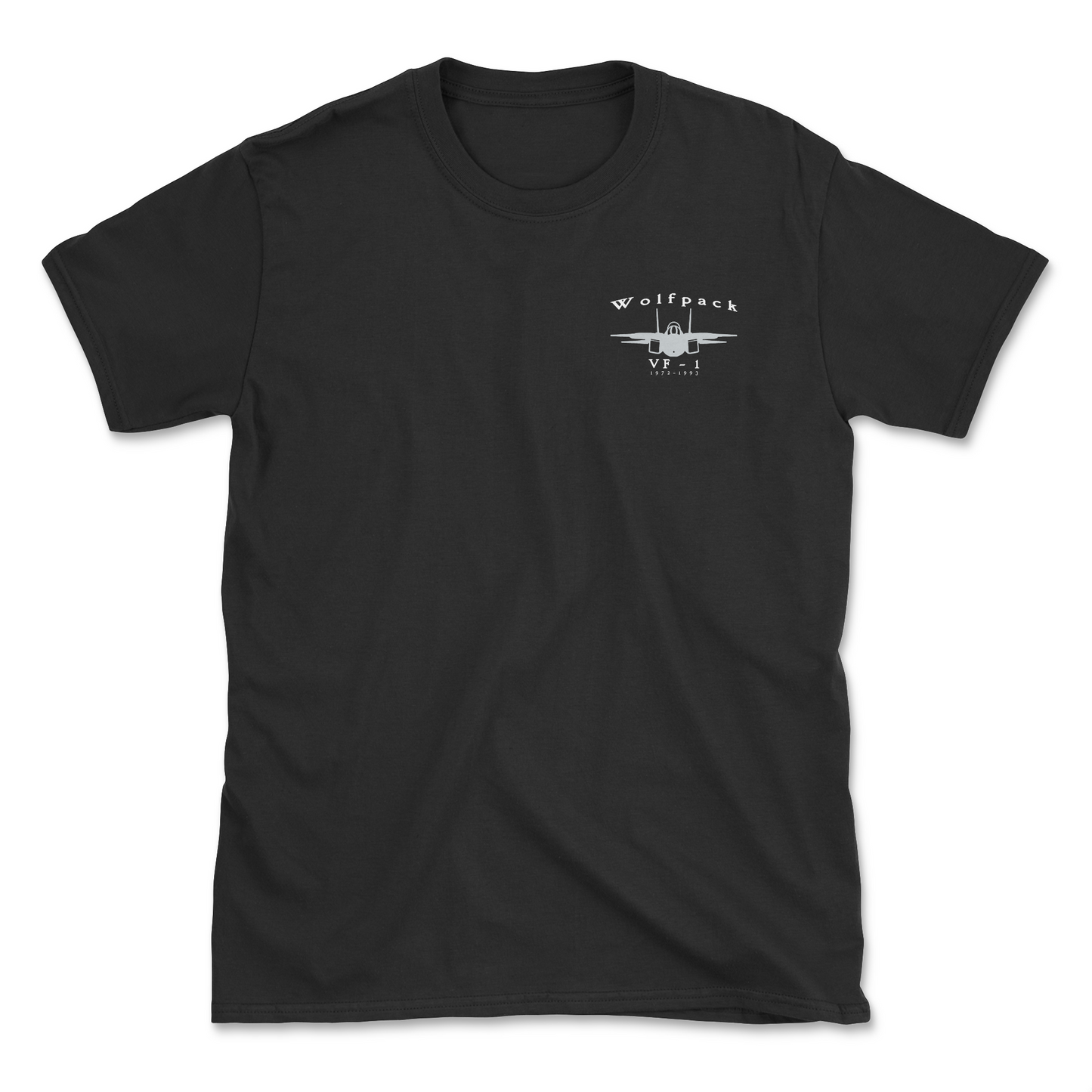 Black t-shirt with an F-14 aircraft and squadron name.