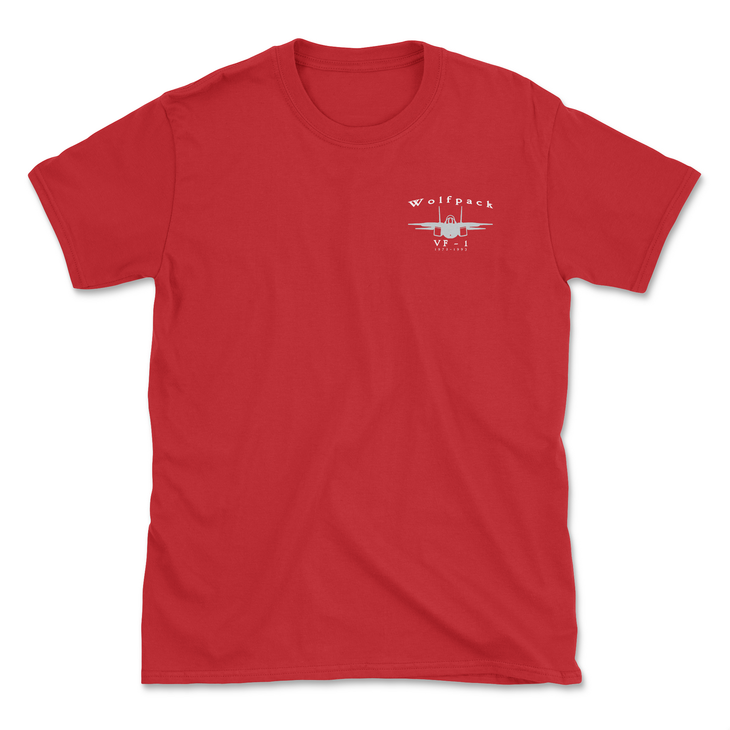 Red t-shirt with an F-14 aircraft and squadron name.
