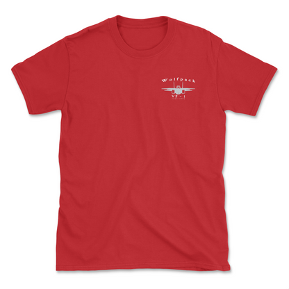 Red t-shirt with an F-14 aircraft and squadron name.