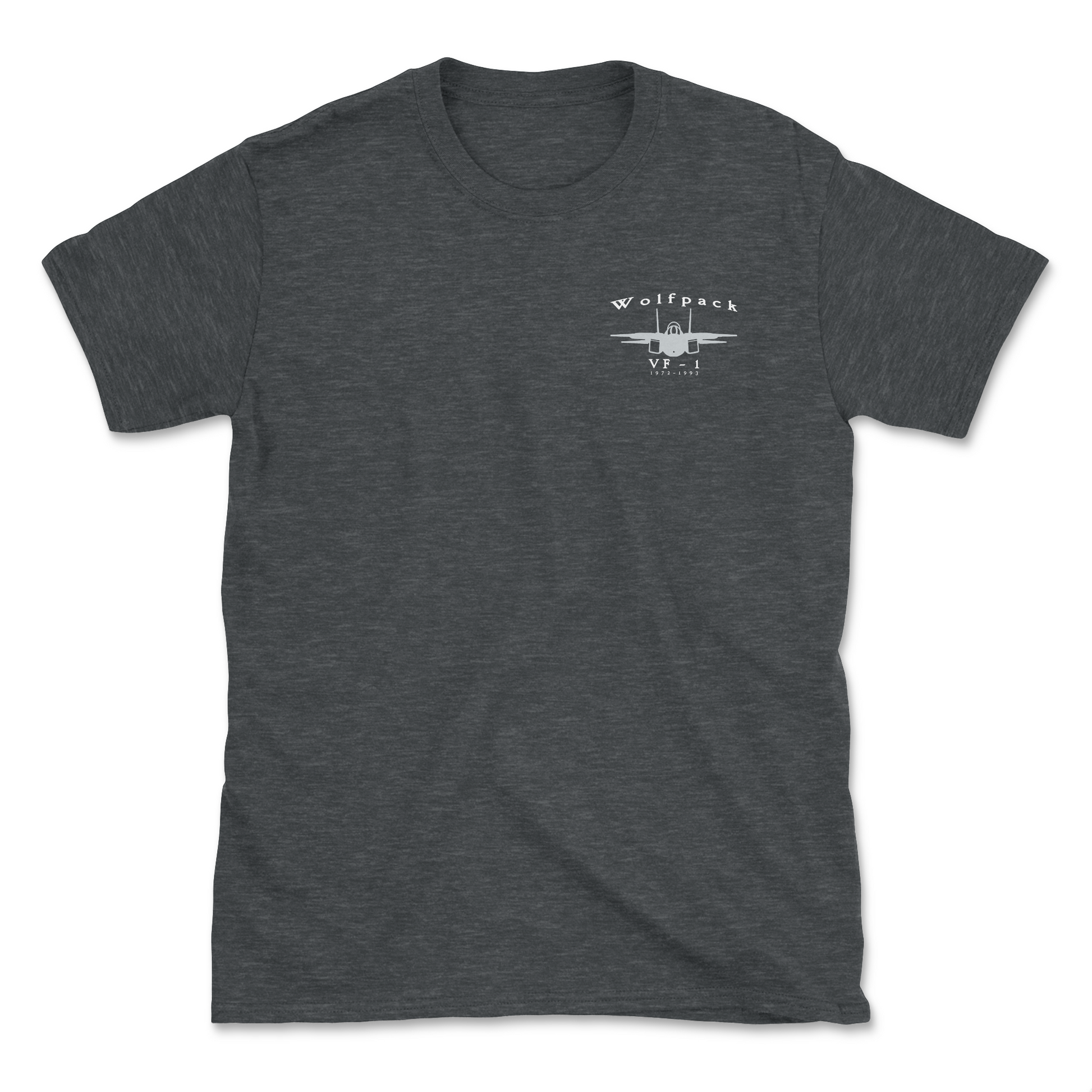 Dark heather grey t-shirt with an F-14 aircraft and squadron name.
