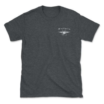 Dark heather grey t-shirt with an F-14 aircraft and squadron name.