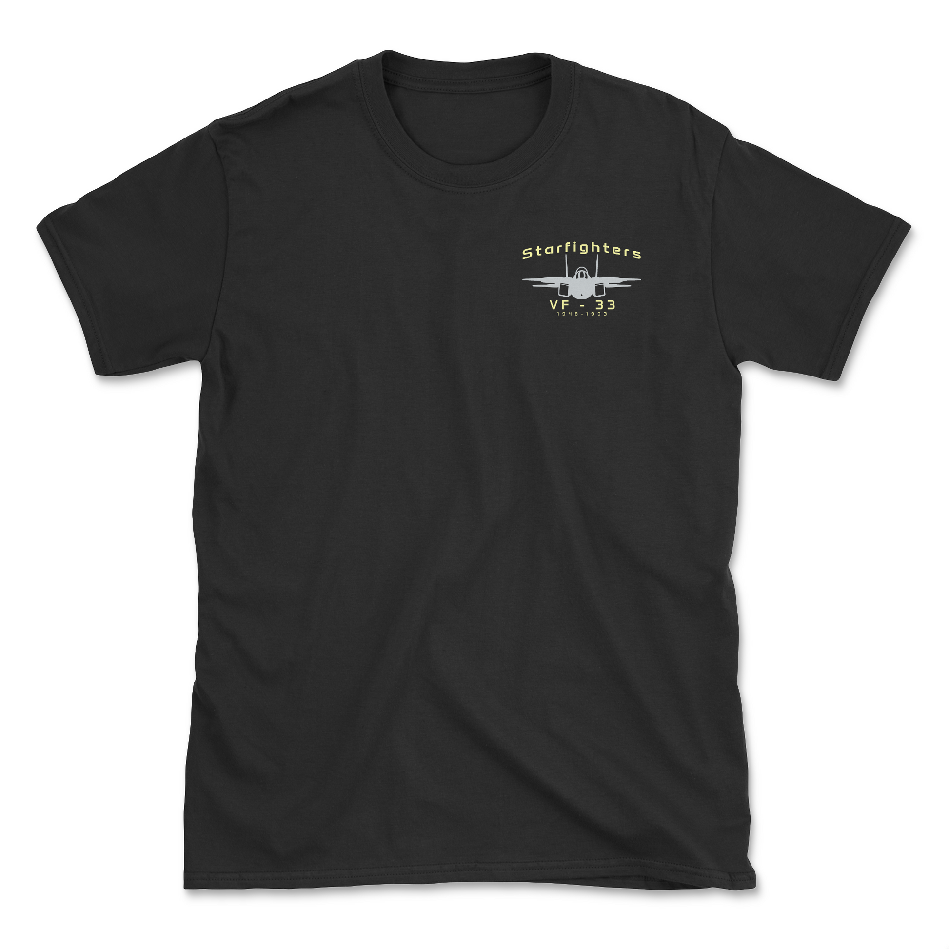 Black t-shirt with an F-14 aircraft and squadron name.
