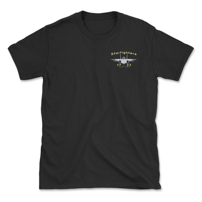 Black t-shirt with an F-14 aircraft and squadron name.