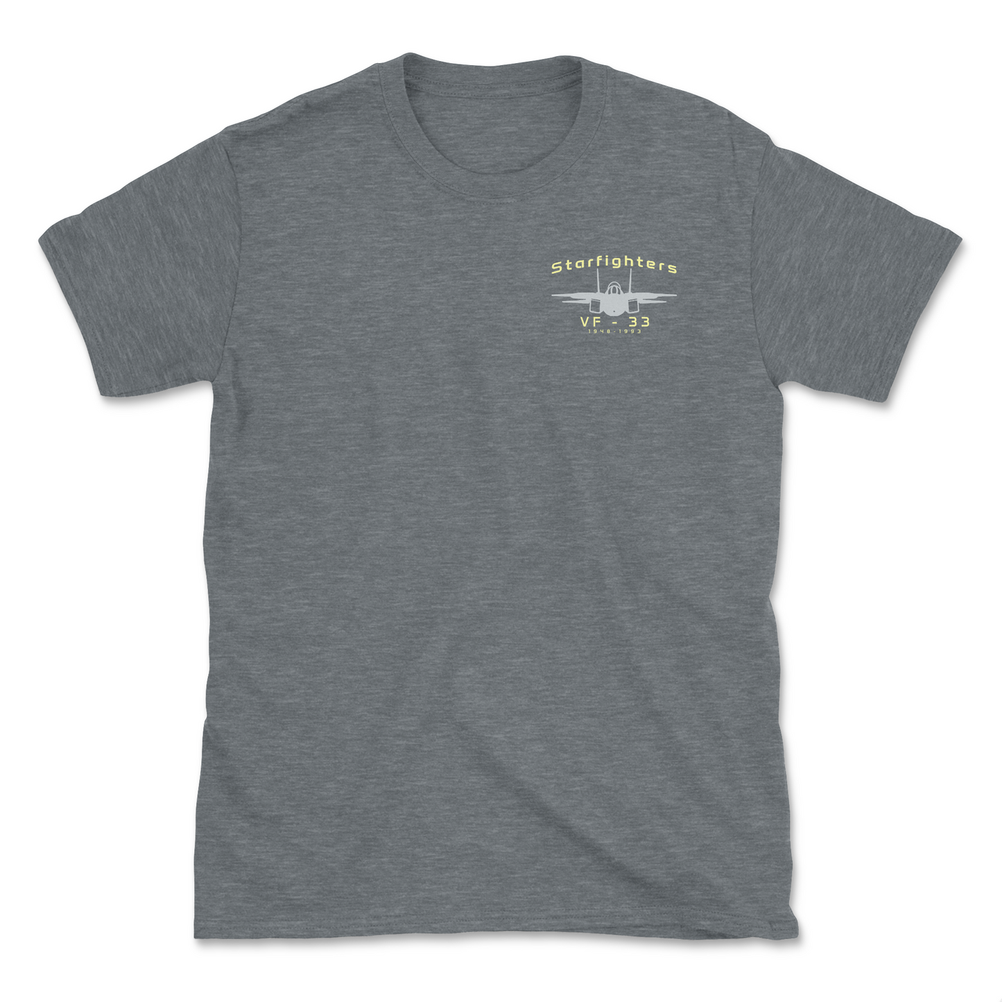 Grey heather t-shirt with an F-14 aircraft and squadron name.