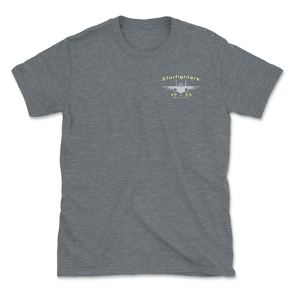 Grey heather t-shirt with an F-14 aircraft and squadron name.