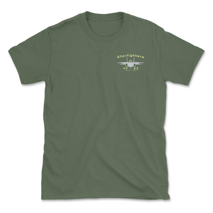 Military green t-shirt with an F-14 aircraft and squadron name.