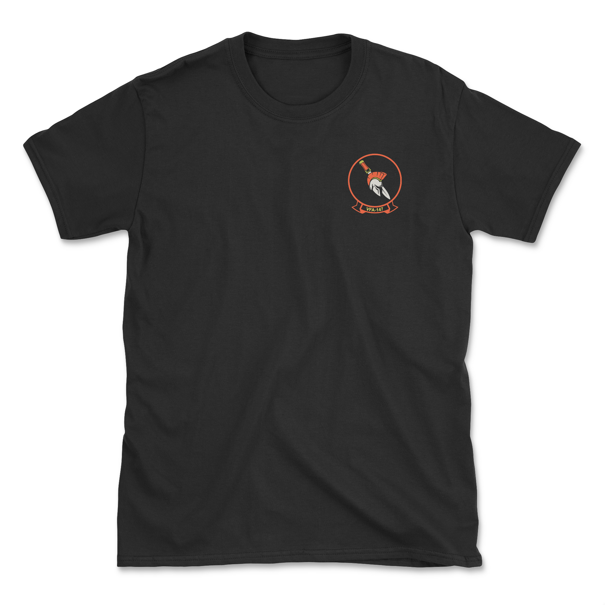 Black t-shirt with squadron patch.
