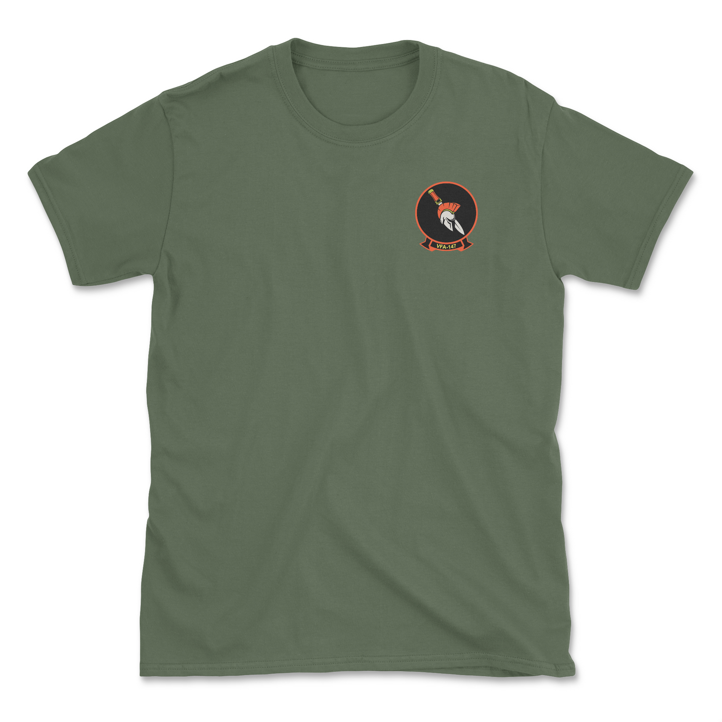 Military green t-shirt with squadron patch.