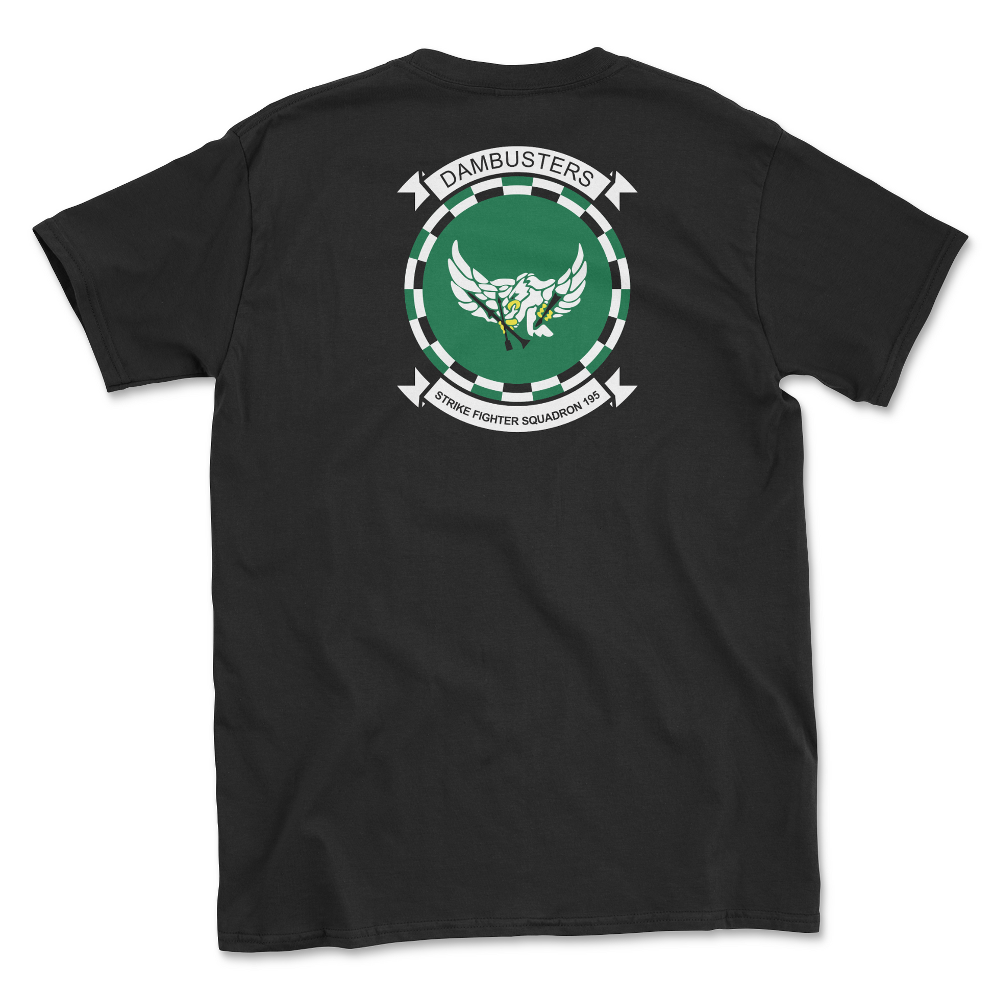 Black t-shirt with squadron patch.