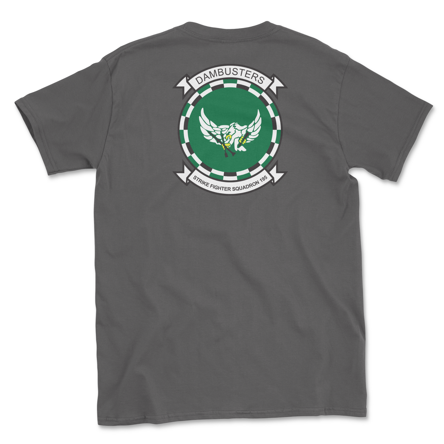 Charcoal t-shirt with squadron patch.