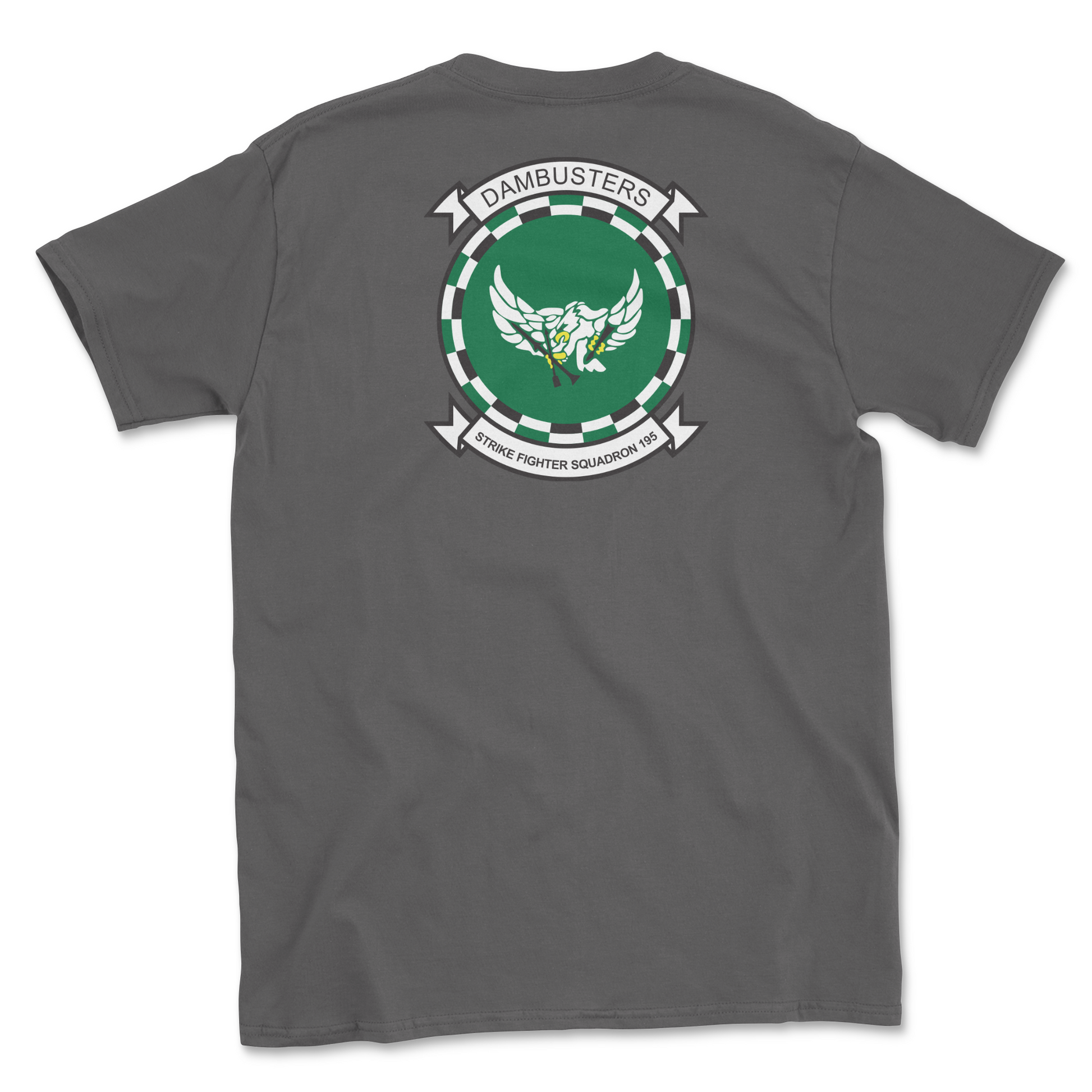 Charcoal t-shirt with squadron patch.