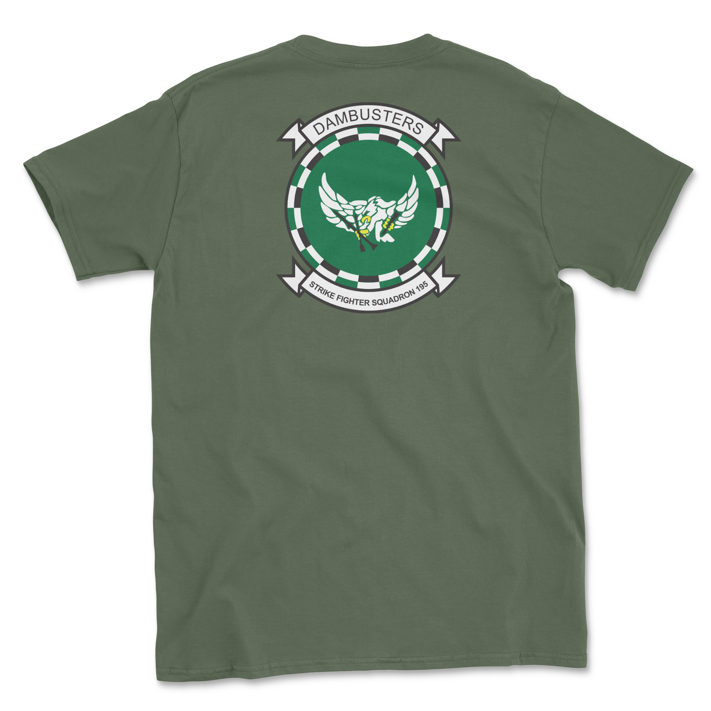 Military green t-shirt with squadron patch.