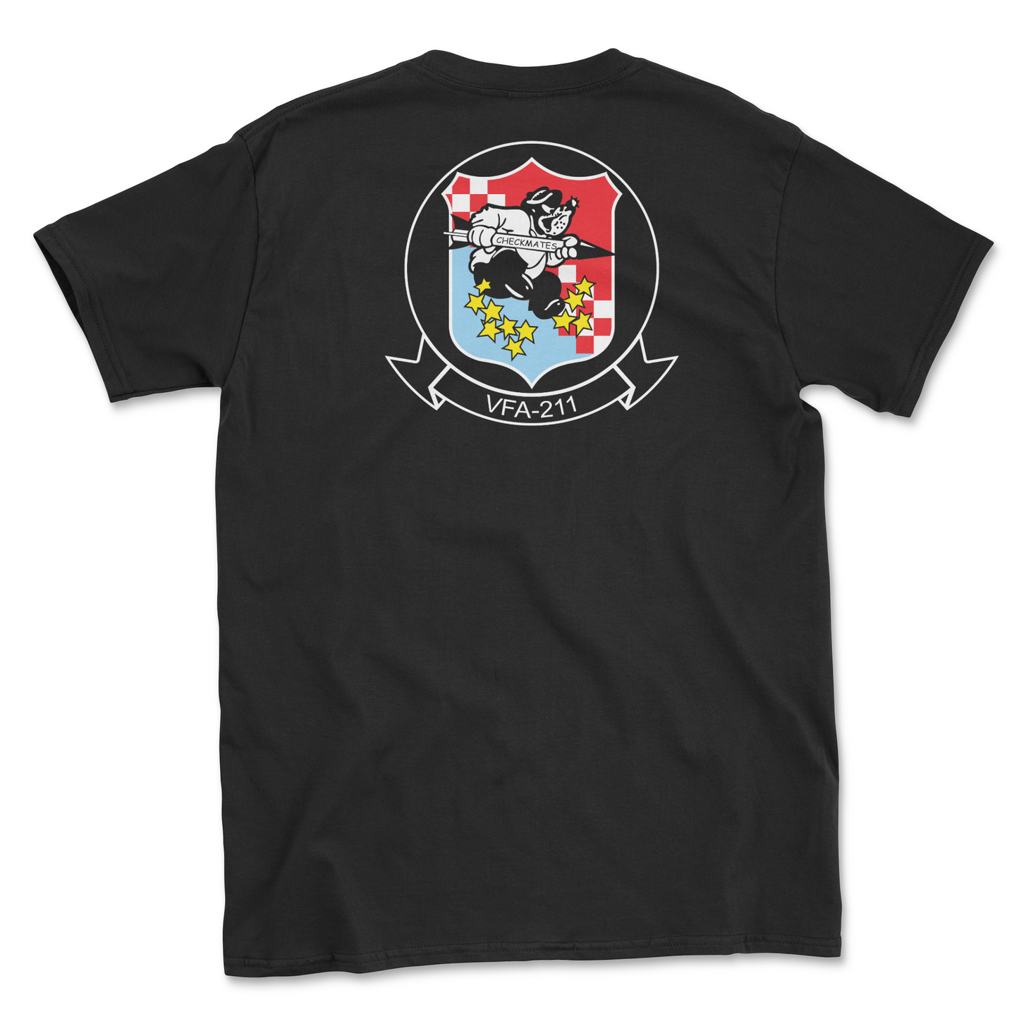 Black t-shirt with squadron patch.