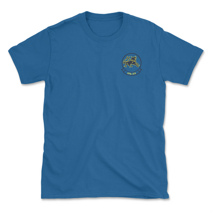 Royal blue t-shirt with squadron patch.