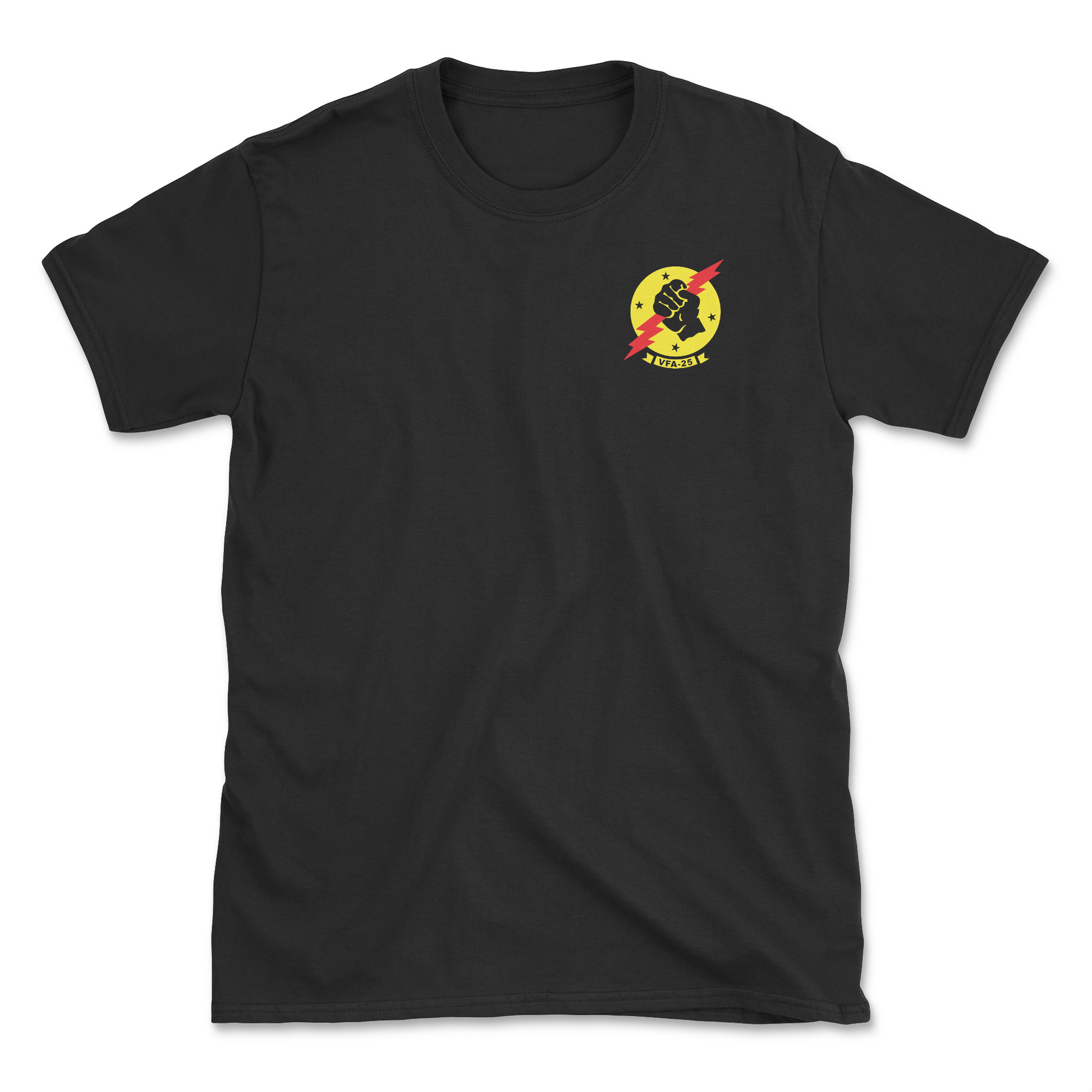 Black t-shirt with squadron patch.