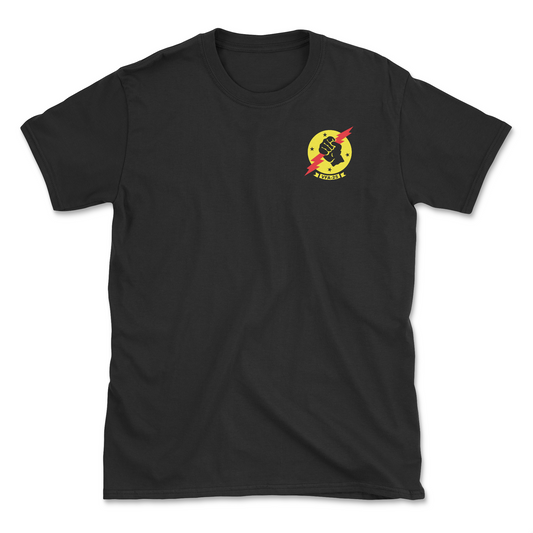 Black t-shirt with squadron patch.