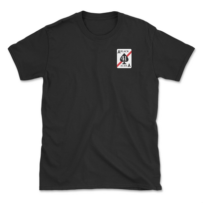 Black t-shirt with squadron patch.