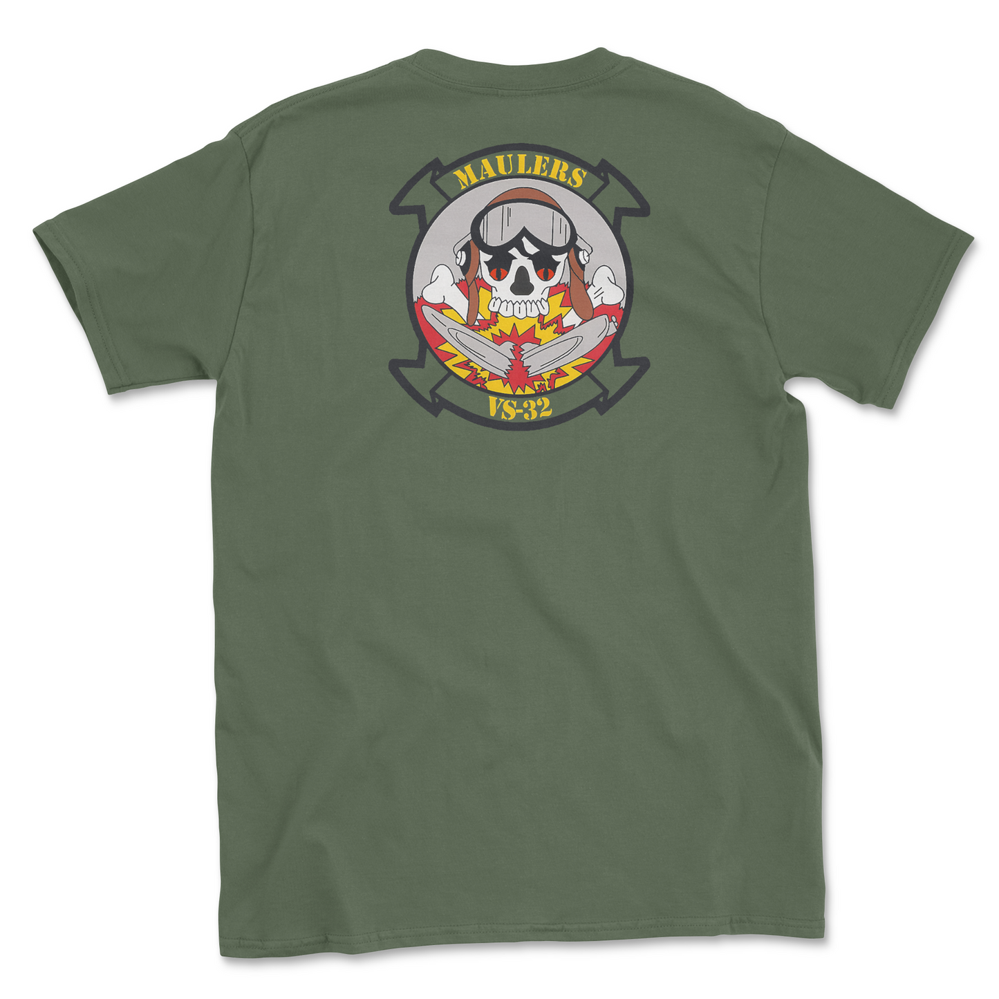 Military green t-shirt with squadron patch.