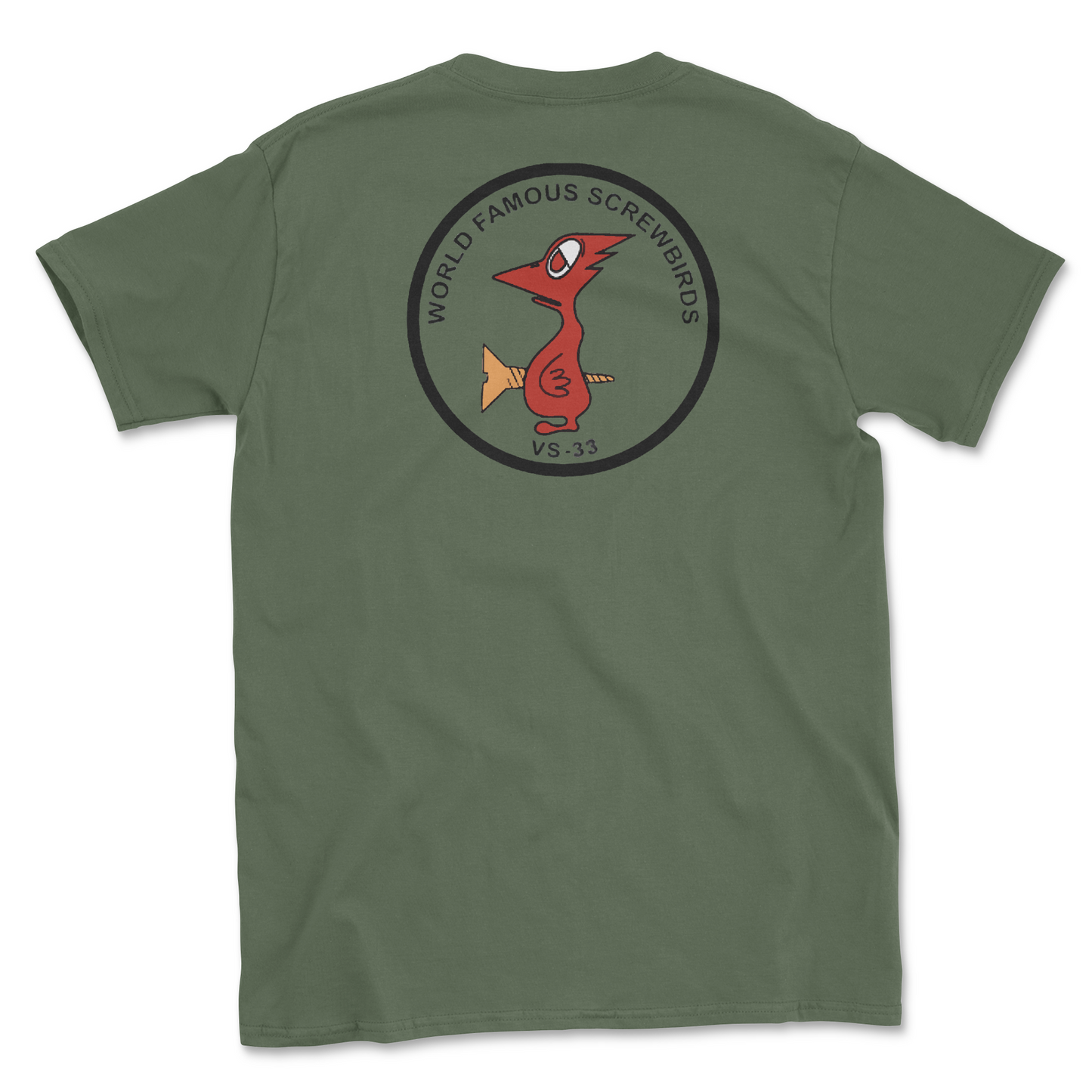 Military green t-shirt with squadron patch.